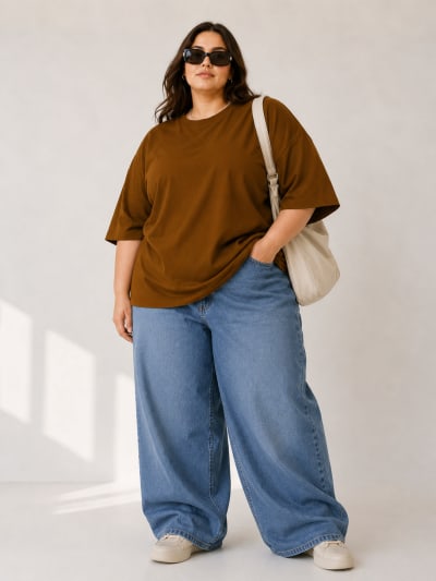PockMAN Women Oversized Solid Pure Cotton Terry Brown  Tshirt