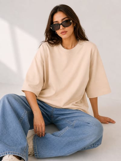 PockMAN Women Oversized Solid Pure Cotton Terry Desert Sand Tshirt