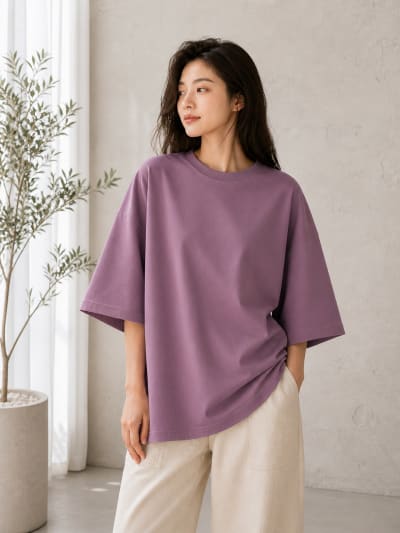 PockMAN Women Oversized Solid Pure Cotton Terry Mauve Tshirt