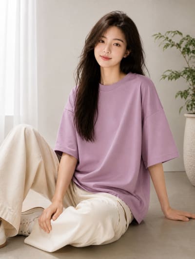 PockMAN Women Oversized Solid Pure Cotton Terry Dusty Lavender Tshirt