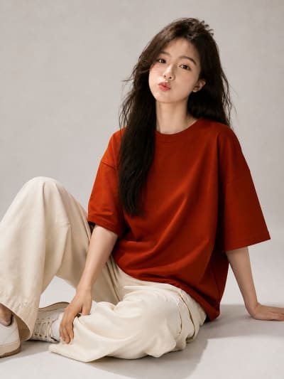 PockMAN Women Oversized Solid Pure Cotton Terry Rust Red Tshirt