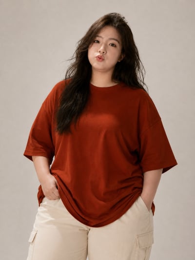 PockMAN Women Oversized Solid Pure Cotton Terry Rust Red Tshirt
