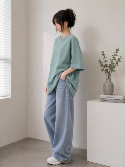 PockMAN Women Oversized Solid Pure Cotton Terry Greyish Teal Tshirt