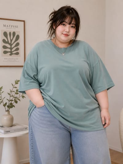 PockMAN Women Oversized Solid Pure Cotton Terry Greyish Teal Tshirt