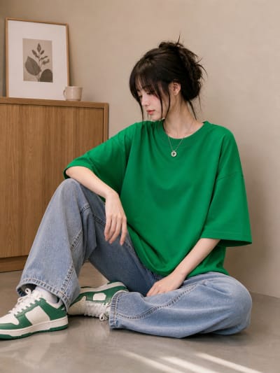 PockMAN Women Oversized Solid Pure Cotton Terry Green Tshirt