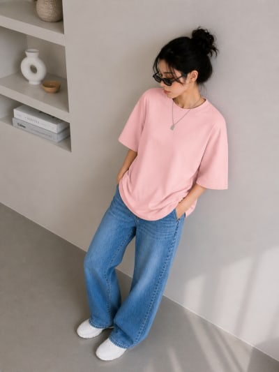PockMAN Women Oversized Solid Pure Cotton Terry Rose Gold  Tshirt