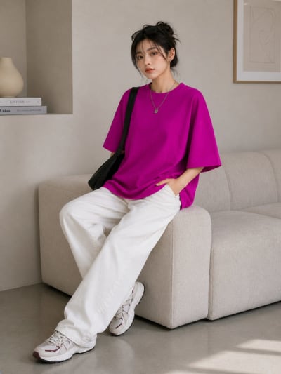 PockMAN Women Oversized Solid Pure Cotton Terry Dark Fuchsia Tshirt