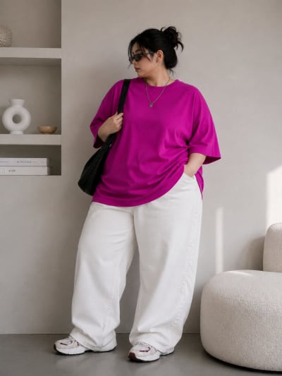 PockMAN Women Oversized Solid Pure Cotton Terry Dark Fuchsia Tshirt