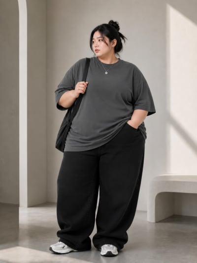 PockMAN Women Oversized Solid Pure Cotton Terry Dark Grey Tshirt