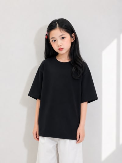 PockMAN Girls Oversized Solid Cotton Terry Classic Black Tshirt