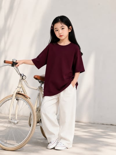 PockMAN Girls Oversized Solid Cotton Terry Classic Maroon Tshirt