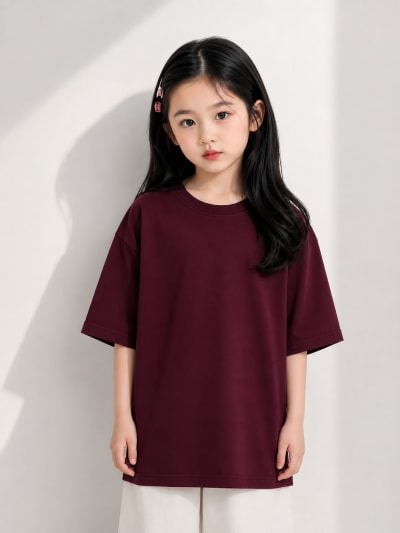 PockMAN Girls Oversized Solid Cotton Terry Classic Maroon Tshirt