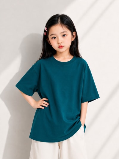 PockMAN Girls Oversized Solid Cotton Terry Classic Teal Tshirt