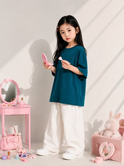 PockMAN Girls Oversized Solid Cotton Terry Classic Teal Tshirt