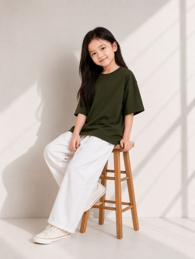 PockMAN Girls Oversized Solid Cotton Terry Classic Dark Olive Tshirt