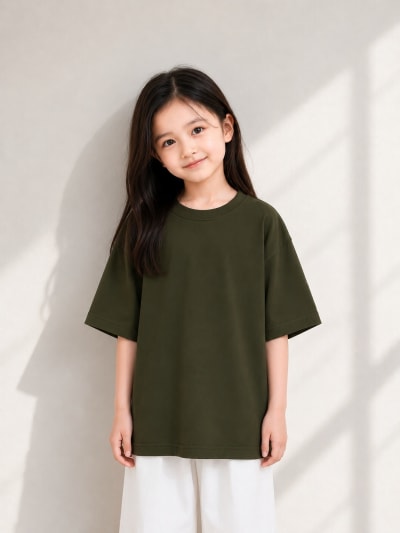 PockMAN Girls Oversized Solid Cotton Terry Classic Dark Olive Tshirt