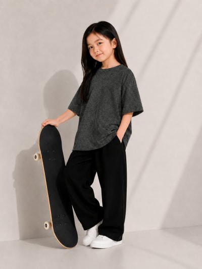 PockMAN Girls Oversized Solid Cotton Terry Classic Charcoal Grey Tshirt