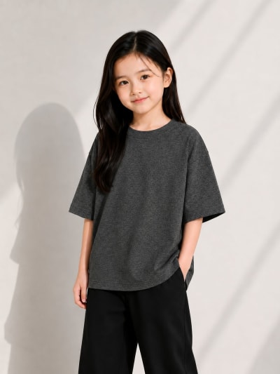PockMAN Girls Oversized Solid Cotton Terry Classic Charcoal Grey Tshirt