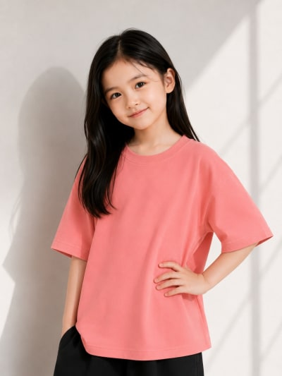 PockMAN Girls Oversized Solid Cotton Terry Classic Light Red Tshirt