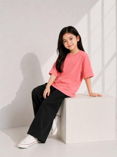 PockMAN Girls Oversized Solid Cotton Terry Classic Light Red Tshirt