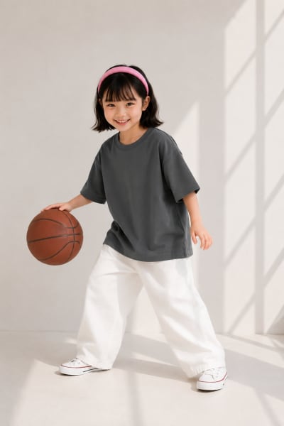 PockMAN Girls Oversized Solid Cotton Terry Classic Light Grey Tshirt