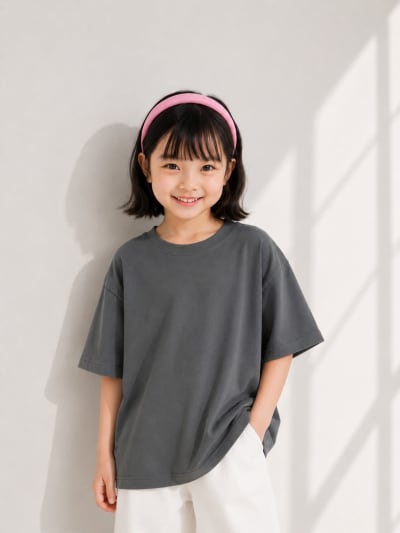 PockMAN Girls Oversized Solid Cotton Terry Classic Light Grey Tshirt