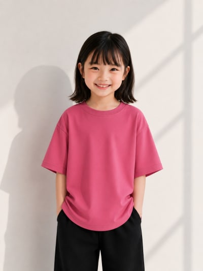 PockMAN Girls Oversized Solid Cotton Terry Classic Coral Pink Tshirt