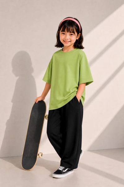 PockMAN Girls Oversized Solid Cotton Terry Classic Dull Green Tshirt