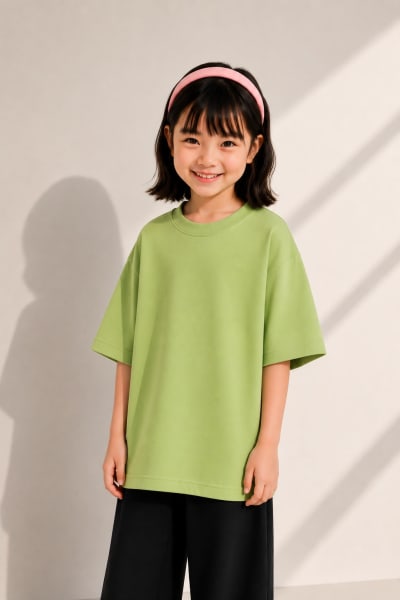 PockMAN Girls Oversized Solid Cotton Terry Classic Dull Green Tshirt