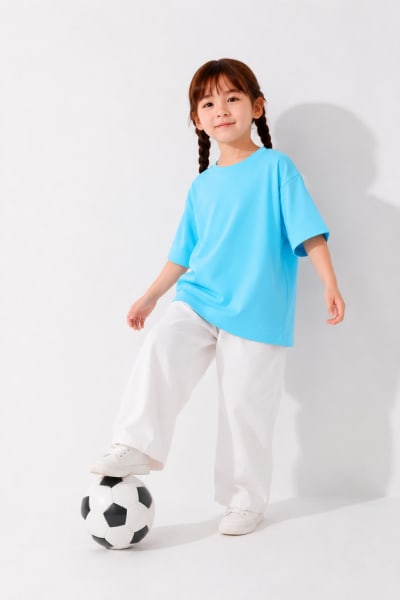 PockMAN Girls Oversized Solid Cotton Terry Classic Cloudy Blue Tshirt