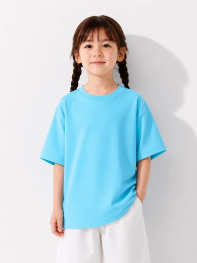 PockMAN Girls Oversized Solid Cotton Terry Classic Cloudy Blue Tshirt