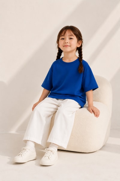 PockMAN Girls Oversized Solid Cotton Terry Classic Royal Blue Tshirt