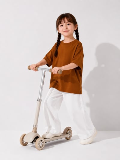 PockMAN Girls Oversized Solid Cotton Terry Classic Brown  Tshirt