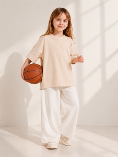 PockMAN Girls Oversized Solid Cotton Terry Classic Desert Sand Tshirt