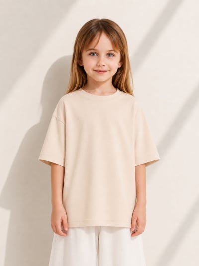 PockMAN Girls Oversized Solid Cotton Terry Classic Desert Sand Tshirt