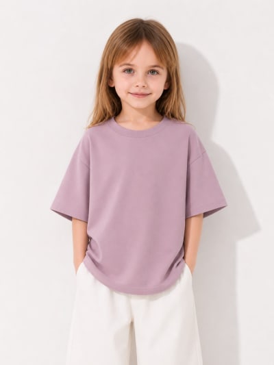 PockMAN Girls Oversized Solid Cotton Terry Classic Dusty Lavender Tshirt