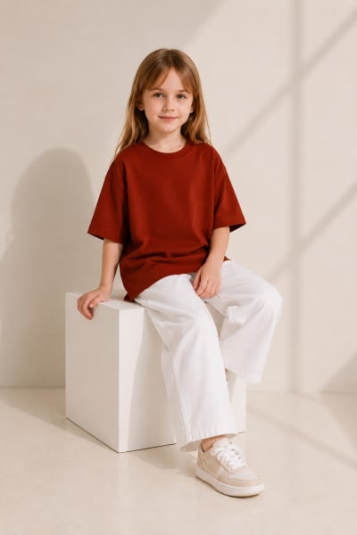 PockMAN Girls Oversized Solid Cotton Terry Classic Rust Red Tshirt