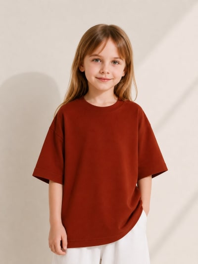 PockMAN Girls Oversized Solid Cotton Terry Classic Rust Red Tshirt
