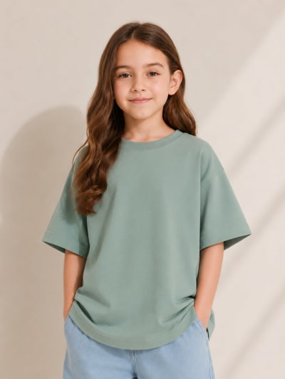 PockMAN Girls Oversized Solid Cotton Terry Classic Greyish Teal Tshirt