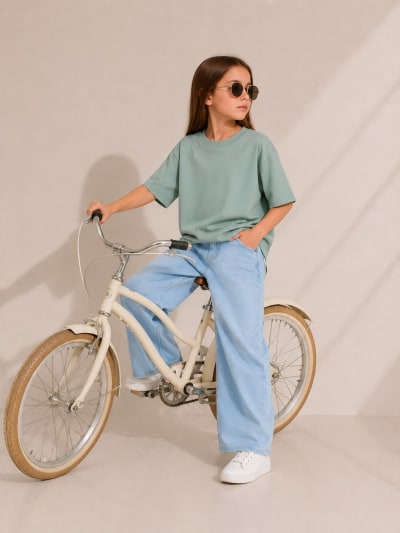 PockMAN Girls Oversized Solid Cotton Terry Classic Greyish Teal Tshirt