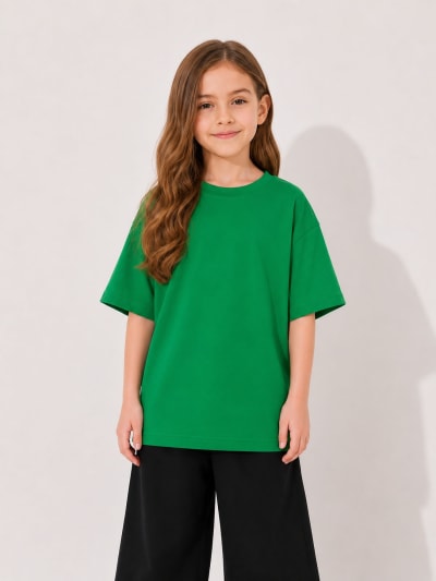 PockMAN Girls Oversized Solid Cotton Terry Classic Green Tshirt