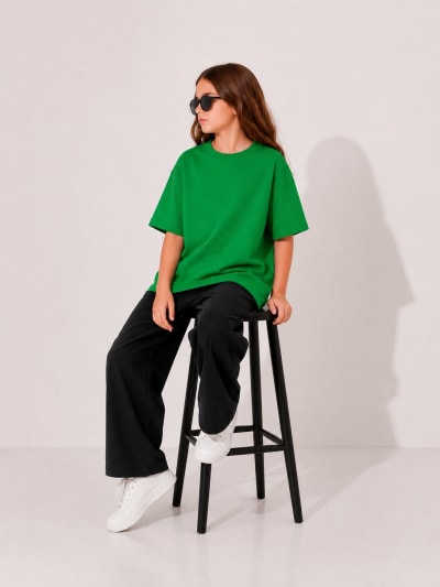 PockMAN Girls Oversized Solid Cotton Terry Classic Green Tshirt
