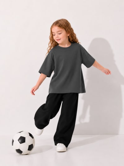 PockMAN Girls Oversized Solid Cotton Terry Classic Dark Grey Tshirt