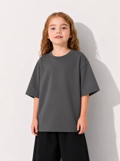 PockMAN Girls Oversized Solid Cotton Terry Classic Dark Grey Tshirt