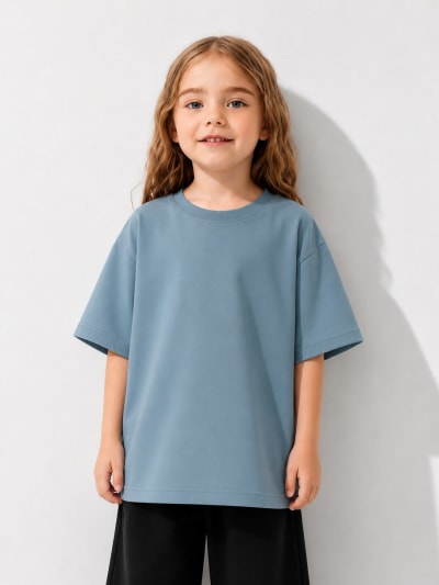 PockMAN Girls Oversized Solid Cotton Terry Classic Moonstone Blue Tshirt