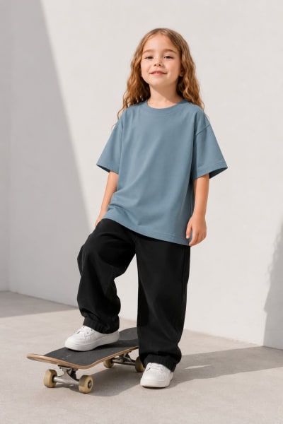 PockMAN Girls Oversized Solid Cotton Terry Classic Moonstone Blue Tshirt