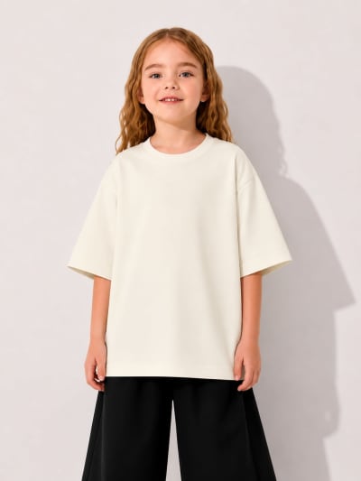 PockMAN Girls Oversized Solid Cotton Terry Classic Off White Tshirt
