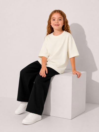 PockMAN Girls Oversized Solid Cotton Terry Classic Off White Tshirt