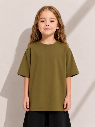 PockMAN Girls Oversized Solid Cotton Terry Classic Olive Tshirt