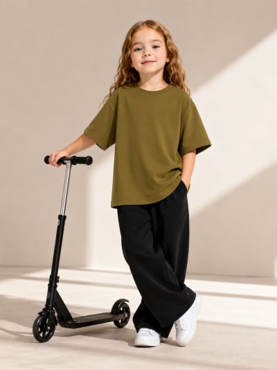 PockMAN Girls Oversized Solid Cotton Terry Classic Olive Tshirt